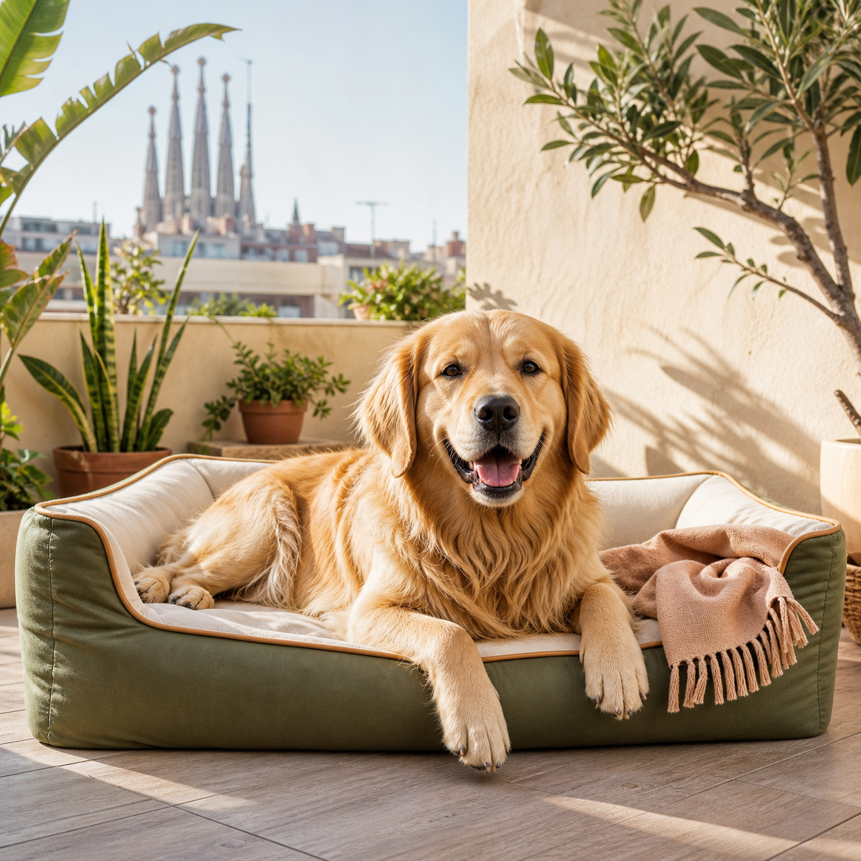 Golden retriever descansando en cama nido