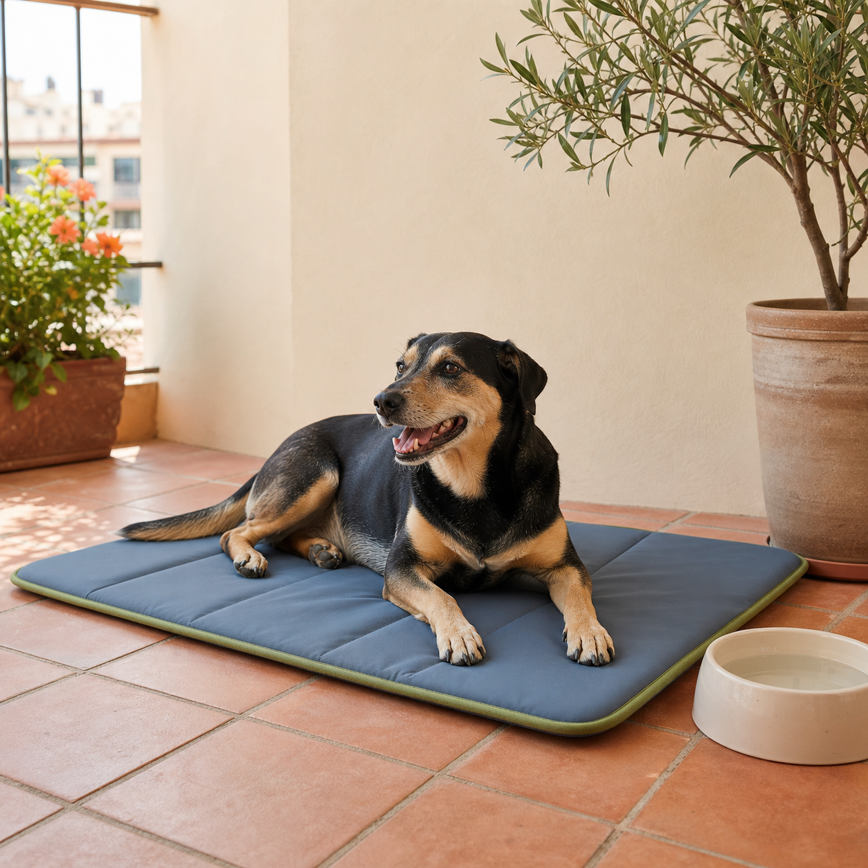 Colchoneta refrescante para perro en balcón