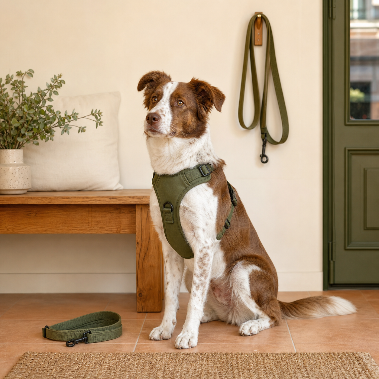 Perro con arnés ergonómico Marcando Huella