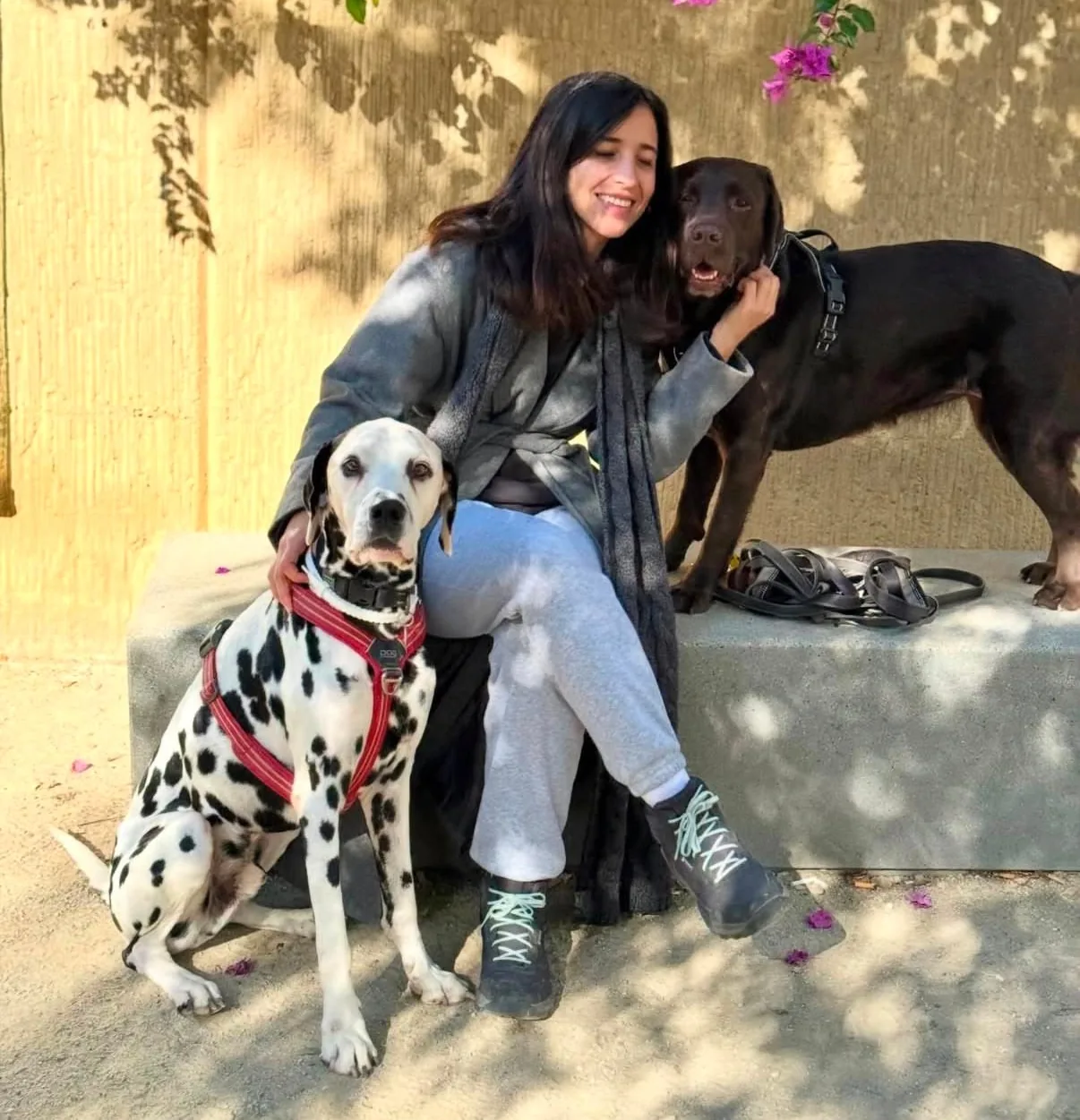Mariana sentada con un dálmata y un labrador chocolate a la sombra de una buganvilla en Barcelona