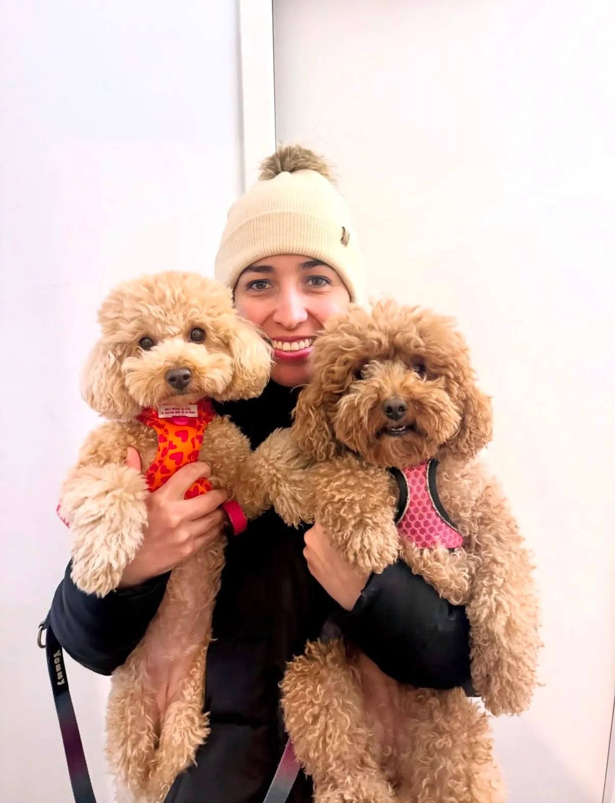 Mariana en la guardería canina sosteniendo con cariño a dos caniches durante el día de cuidados en Barcelona
