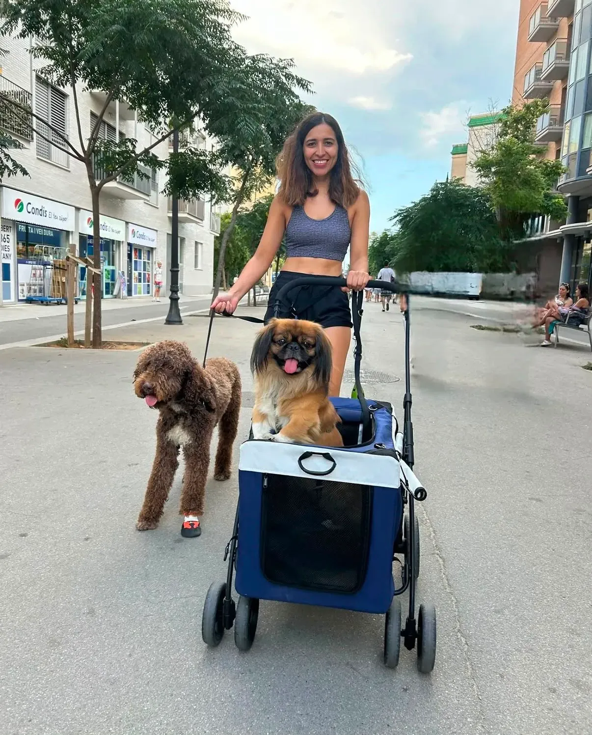 Mariana paseando por una calle de Barcelona con un perro de agua y un pequinés en su carrito adaptado