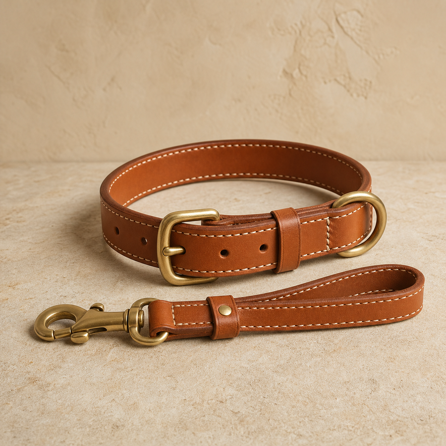 Collar de cuero para perro con hebilla de latón y tirador a juego
