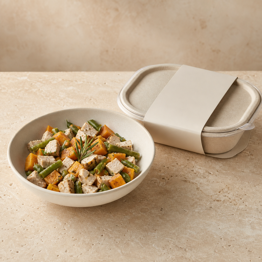 Menú fresco gourmet para perro con pollo, calabaza y judías verdes